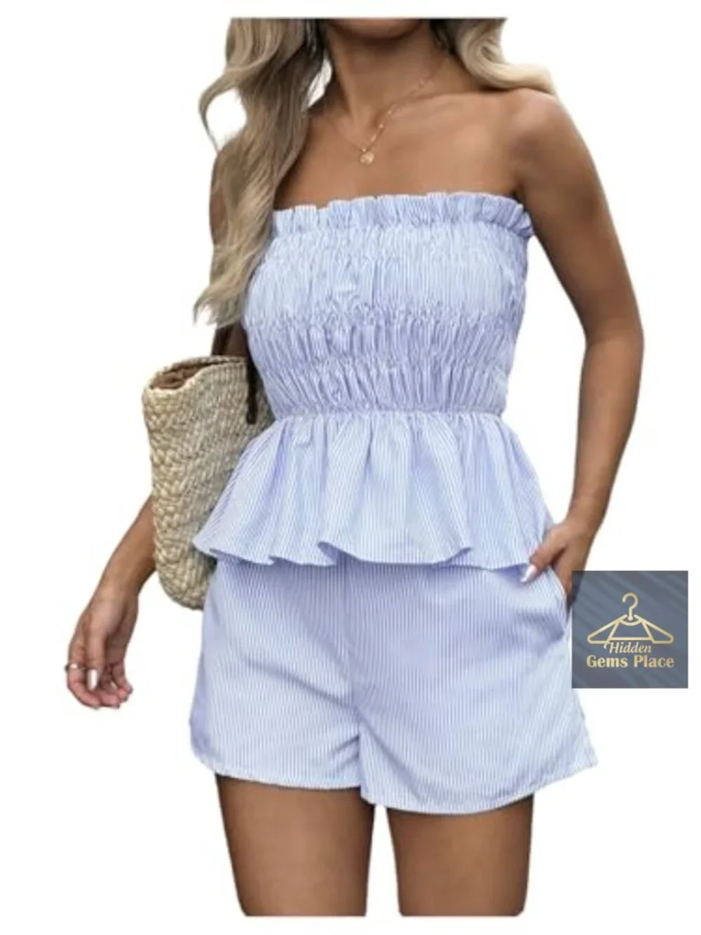 2 Piece Striped Peplum Ruffle Hem Tube Top and Shorts Set
